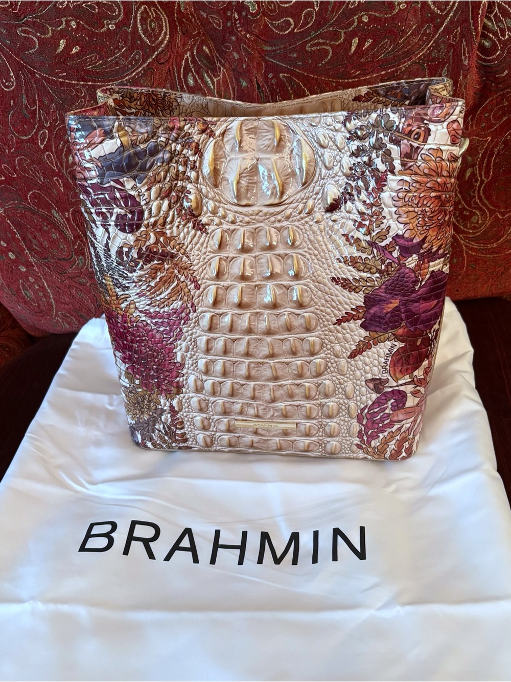 Brahmin Celina Bucket Bag Croc-Embossed Tote with Chrysanthemum Print